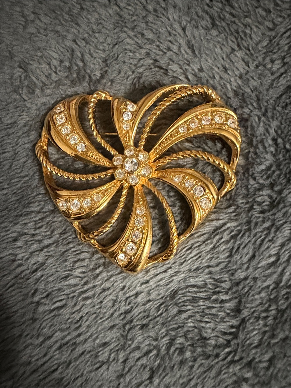 Avon Gold Heart Brooch with Clear Crystal Accents